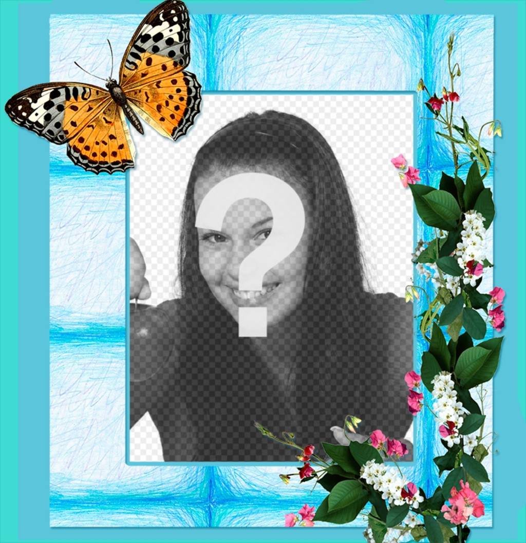Rahmen Sie Ihr Foto mit Blumen und Schmetterling auf einem blauen Hintergrund. ..