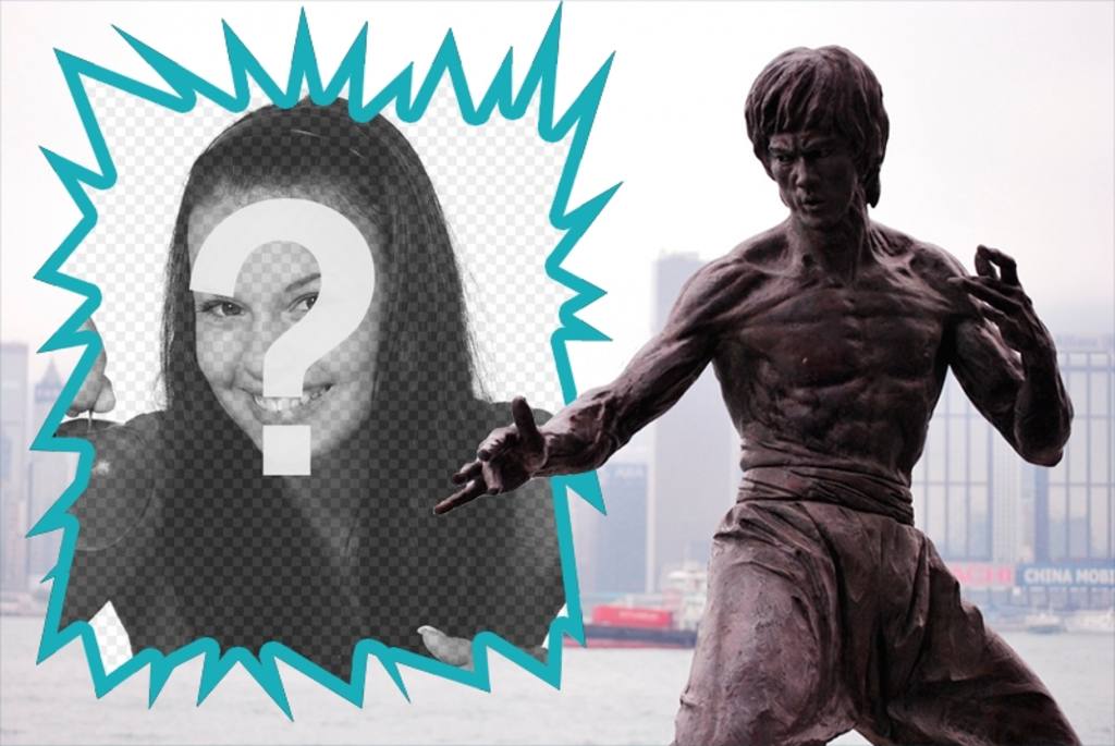 Collage mit einer Statue von Bruce Lee ..