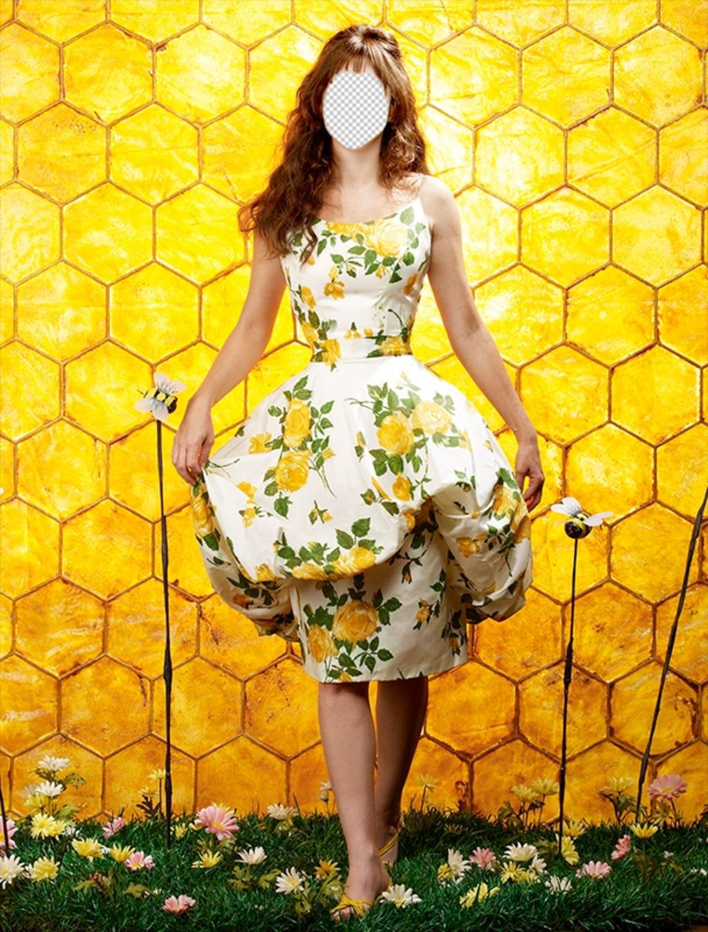 Fotomontage eines Mädchens mit einem Bienen Hintergrund aufwirft ..
