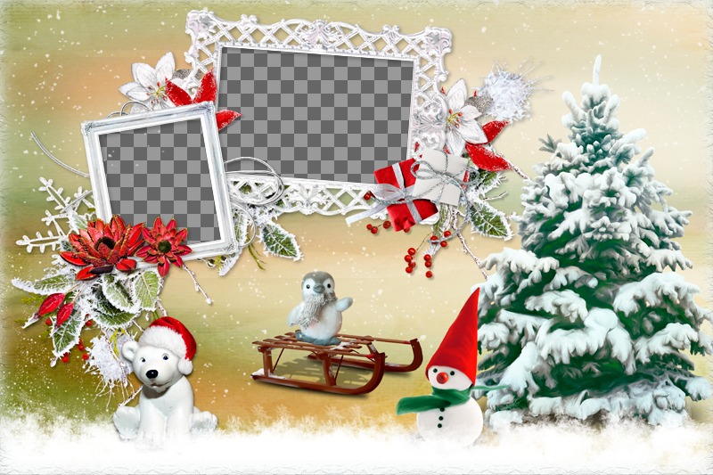 Weihnachten Collage mit zwei Foto neben einem Baum und verschiedene Tiere. ..