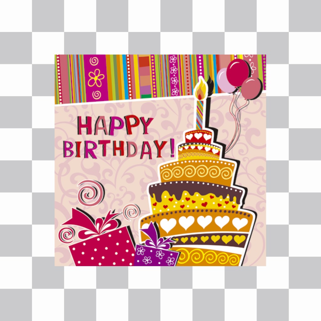 Aufkleber, um einen Geburtstag mit dem Bild eines Kuchens auf einer Party, die Sie in Ihre Fotos einbinden können gratulieren. Mit Text ALLES GUTE ZUM GEBURTSTAG, einen Kuchen mit einer Kerze und Ornamente gezogen..