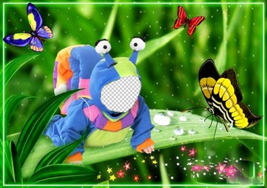 Virtuelle Kostüm für Kinder einer Schnecke mit Schmetterlingen, die um ..