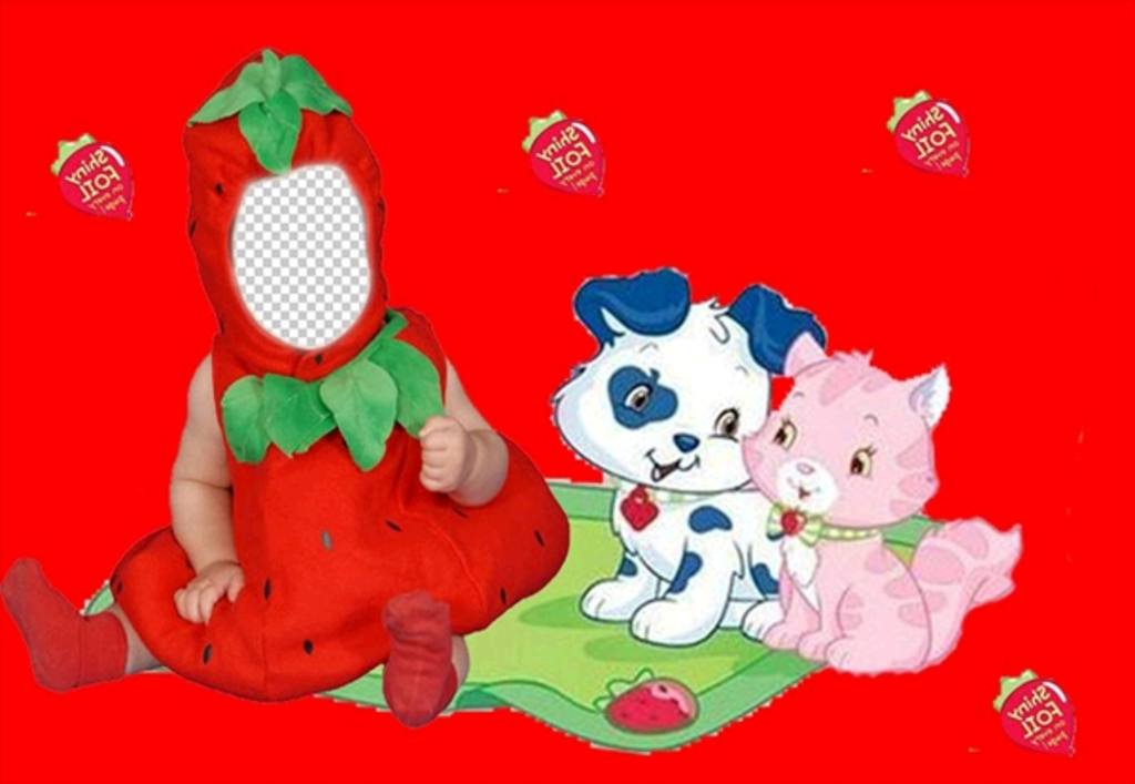 Virtuelle Kostüm für Kinder von einer Erdbeere mit einem roten Hintergrund und Welpen ..