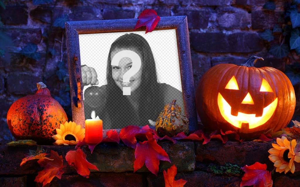 Halloween-Bilderrahmen mit einem Kürbis für Ihr Foto. ..