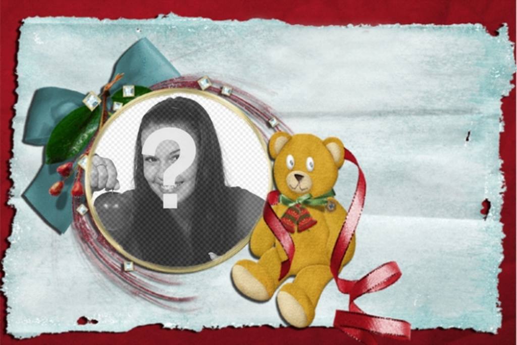 Weihnachtskarte mit Teddybär und Krawatte mit runden Rahmen, in dem Sie Ihr Foto setzen..