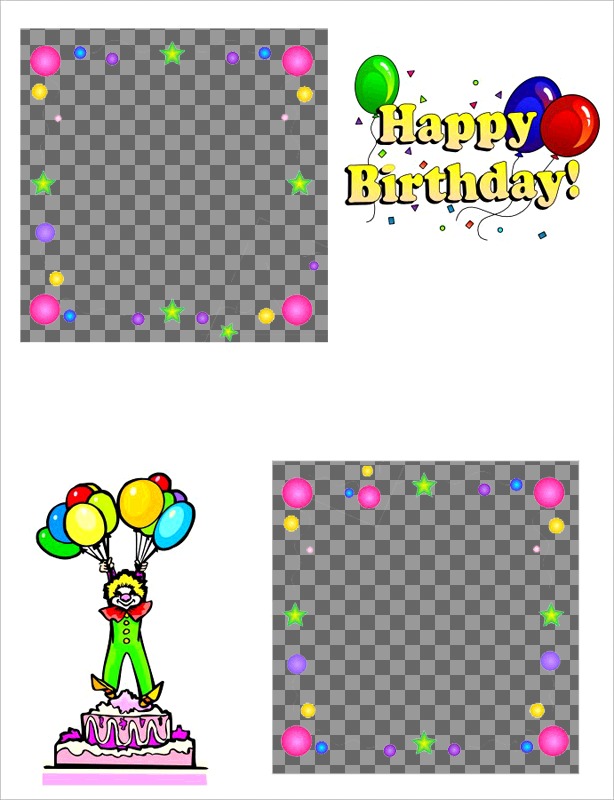 Geburtstagskarte für zwei Fotos, die mit Mustern von Kuchen, Clown und Luftballons...