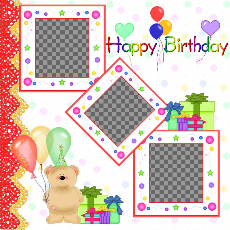 Postkarte / Geburtstagskarte für 3 Fotos mit Luftballons und Teddybären..
