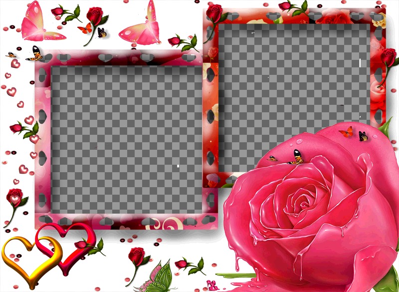 Rahmen für zwei Bilder, liebevolle Motive wie Schmetterlinge, Rosen und Herzen. Weißer Hintergrund, vorherrschende Farbe rosa. Als Detail zu erinnern, Termine wie Jubiläen oder Valentinstag,..