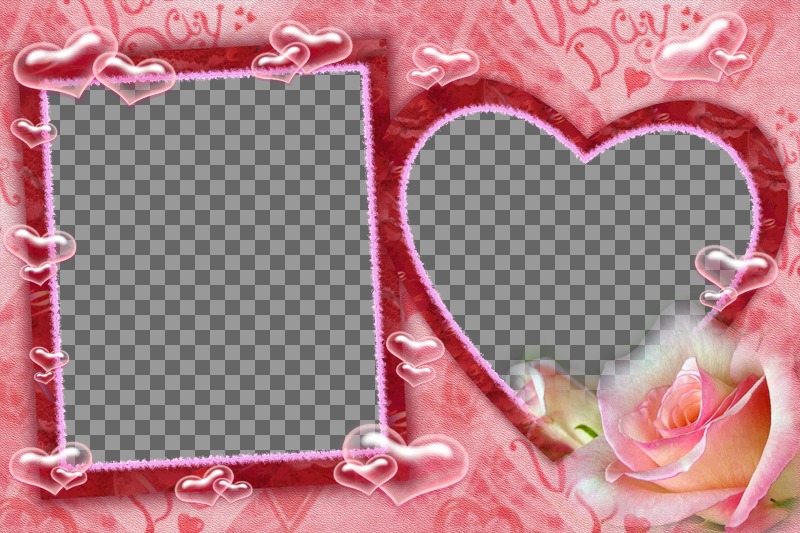 Rahmen für zwei Bilder, ein Quadrat und ein Herz geformt, rosa Hintergrund Herzen und Blasen. Ideal für den..