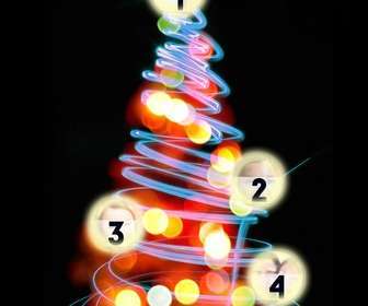 fotomontage weihnachtsbaum wo man vier bilder auf den beleuchteten kugeln setzen