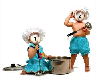 fotomontage mit zwei babys gekleidet kochen um sie gesicht