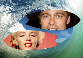 collage von wellen und surfen zwischen zwei bilderrahmen geformt surfbrett