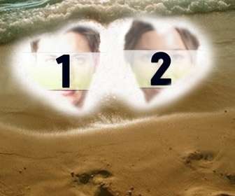 erstellen sie eine personalisierte karte fur valentinstag online fonds fur zwei fotos die mit zwei herzen in den sand am strand als rahmen dargestellt
