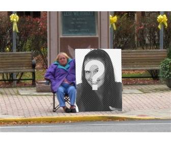 lustige foto-collage um ihr bild auf einem plakat auf der straße setzen