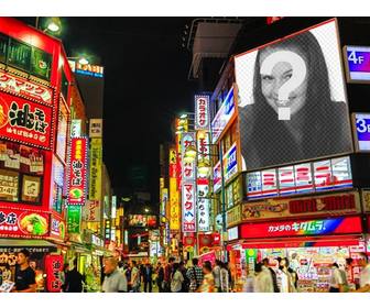 fotomontage in dem sie ihr foto auf einer leuchtreklame kann auf den bau einer stadt in japan