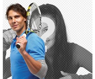 fotomontage mit rafa nadal mit seinem tennisschlager erscheinen posiert auf dem foto neben dem tennis-spieler und fugen sie text kostenlos