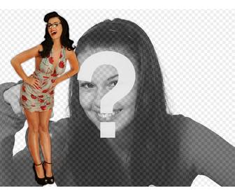 fotomontage mit der sangerin katy perry mit brille und sexy posiert in einem pinup stil kleid mit kirschen