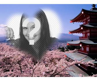 fotomontage in fuhiyama japan mit mandel-blumen und einem herzformigen rahmen um ihr foto platzieren