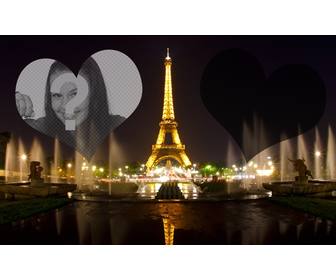 fotomontage mit dem beleuchteten eiffelturm in paris und zwei herzen wo sie ihre fotos platzieren