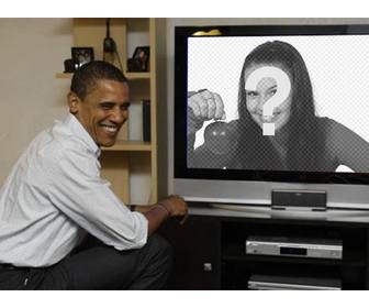 fotomontage zu setzen barack obama mit ihrem foto wo der prasident auf einem fernseher neben ihr erscheint