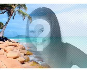 collage mit einem himmlischen strand mit blauem wasser und palmen um das foto setzen und gestalten mit dem text