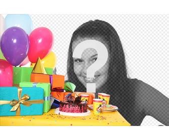 geburtstagskarte mit einer party mit geschenken ballons und einen kuchen um ein foto und text hinzufugen
