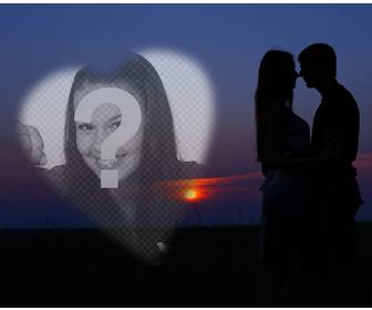 fotomontage mit einem paar in der liebe mit einem sonnenuntergang im hintergrund und einem herzen um ein romantisches foto setzen