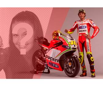 erstellen sie eine fotomontage mit valentino rossi motorradrennfahrer mit seinen roten und weißen fahrrad und einem roten filter auf ihr foto