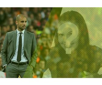 erstellen sie eine fotomontage mit pep guardiola auf einem fußballplatz und einem bild von ihnen mit einem grunen filter und der satz den sie wollen