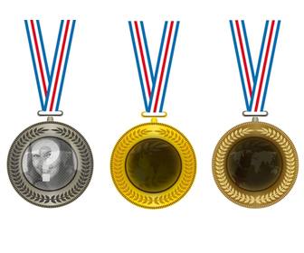 collage mit drei goldmedaillen silber und bronze in der mitte drei fotos der champions setzen