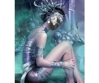 fotomontage in dem sie sich zu einer nymphe in einer fantasy-welt mit besonderer kleidung und einem silbernen bande rund um ihr gesicht