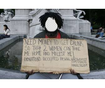 fotomontage eines vagabund mit einem schild um geld zu bitten