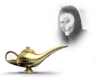 fotomontage mit einem goldenen magische lampe die rauch oder wo sie ihr bild wird gestellt und werde der geist