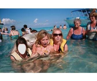 fotomontage mit stingray einige madchen im meer erschrecken