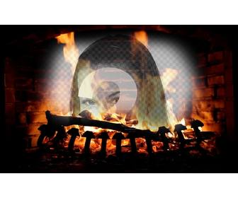 fotomontage mit dem bild von einem kamin mit brennenden holzscheite und ihre online hochgeladene bild uberlagert mit dem feuer