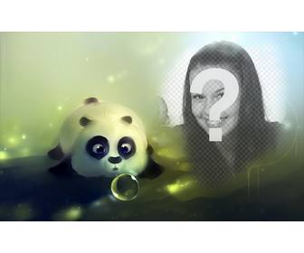 fotomontage mit einem panda gezeichnet weht ein seifenblase und ein loch auf der rechten seite um ein foto setzen