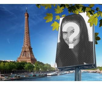 fotomontage mit der stadt paris und den eiffelturm auf hintergrund um ihr bild auf einem plakat setzen