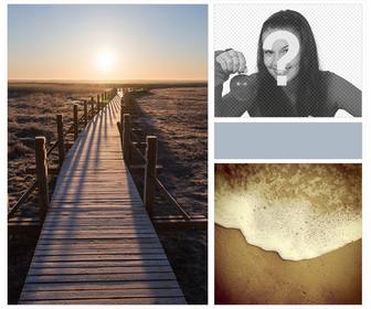 collage mit sonnenaufgang sandstrand und ruhigen wellen mit einem indie-touch