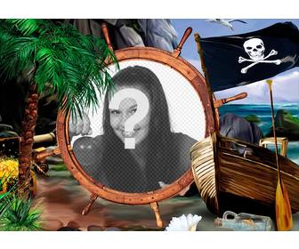 zusammensetzung mit einer piratenflagge ein schiff und schatze um ihr foto auf einem ruder setzen