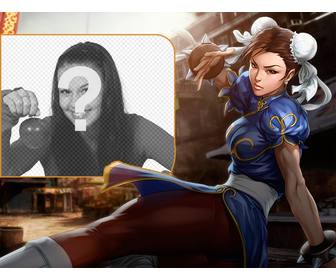 collage mit chun-li aus street fighter treten wahrend sie aufmerksam zu