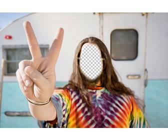 fotomontage ihr gesicht in einem hippie zu setzen mit einem wohnwagen