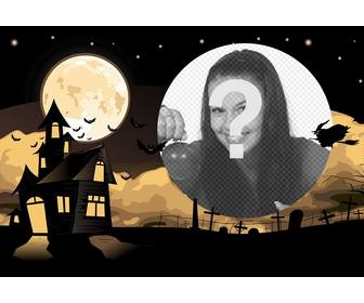 halloween-collage mit einem haus und einem friedhof