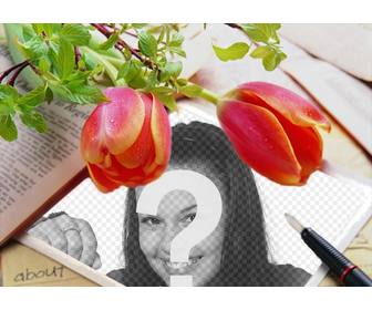 umgeben rahmen fur die bilder der roten tulpen in dem sie ihr foto auf einer leinwand simuliert ein notebook mit einem stift daub setzen