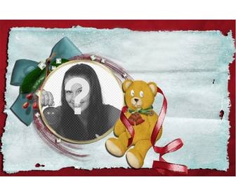 weihnachtskarte mit teddybar und krawatte mit runden rahmen in dem sie ihr foto setzen konnen