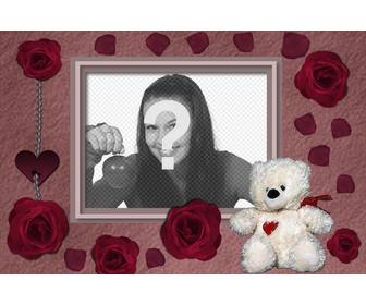 postkarte eines baren und roten rosen mit ihrem foto zu tun