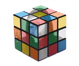 fotomontage ein foto auf einem rubik-wurfel voller farbe gelegt