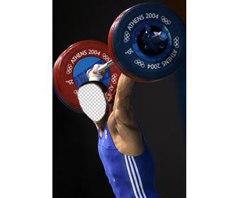 fotomontage um ein gesicht zu einem gewichtheber setzte sich in eine blaue kleid das im gewichtheben bei den olympischen spielen in athen beschaftigt ist zu zeigen muhelos heben uber 100 kg