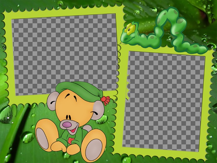 Rahmen für zwei Fotos in den vorwiegend grünen Blättern, die eine Raupe und einen Teddybären sitzen auf dem Boden ernähren..