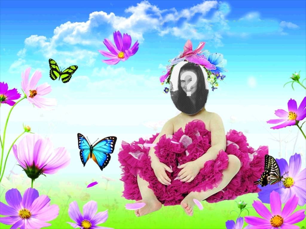 Online-Kostüm für Babys in der sie erscheinen ein blauer und grüner Schmetterling, der auf einer Wiese mit Blumen im Vordergrund und einem klaren, blauen Himmel mit weißen Wolken..
