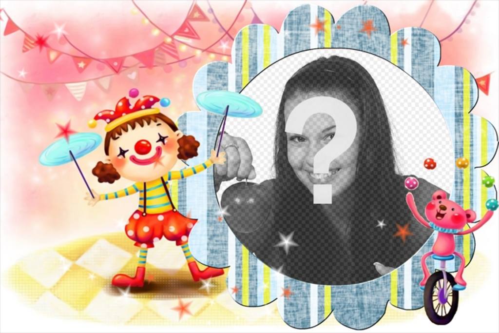 Postkarte mit rosa Hintergrund und Set in einem Zirkus. Clowns und Verzierungen sind typisch für die Zelte, in denen solche Veranstaltungen organisiert, wo Sie dieses Bild an einen unvergesslichen Tag enthalten..